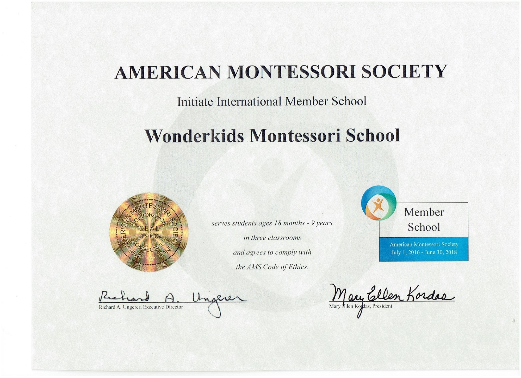 giay chung nhan AMS - wonderkids montessori school
