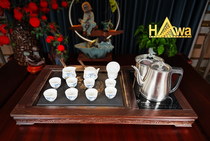 Khay Trà Ngũ Phúc Gỗ Mun Nam Phi Mặt Đá Đen (KTD-NP)
