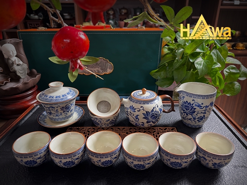Bộ Ấm Chén Trà Đạo Nhữ Diêu Men Rạn - Vẽ Hoa Sen Cung Đình (BTDSMR-HSCD)