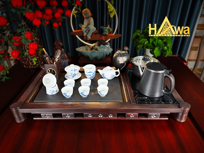 Khay Trà Viên Mãn Như Ý Gỗ Mun Mặt Đá Đen (KTD-NY)