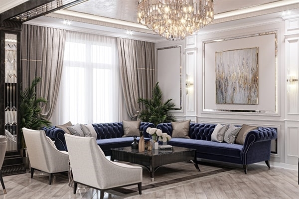 Sofa tân cổ điển trong không gian tiếp khách cao cấp như showroom, spa hay khách sạn sang trọng