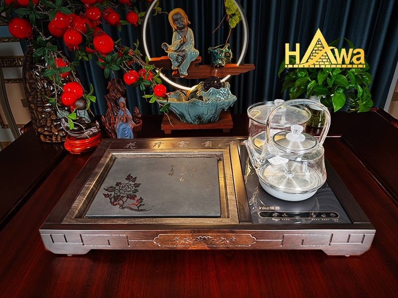 Khay Trà Đạo Quốc Sắc Thiên Hương Gỗ Mun Mặt Đá (KTD-QSTH)