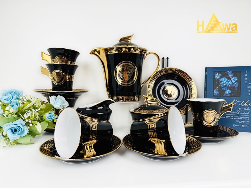 Bộ Trà Ấm Chén Sứ Xương Cao Cấp Hấp Vàng 24K (17 món) (DGB-BR-21AOPA-17)