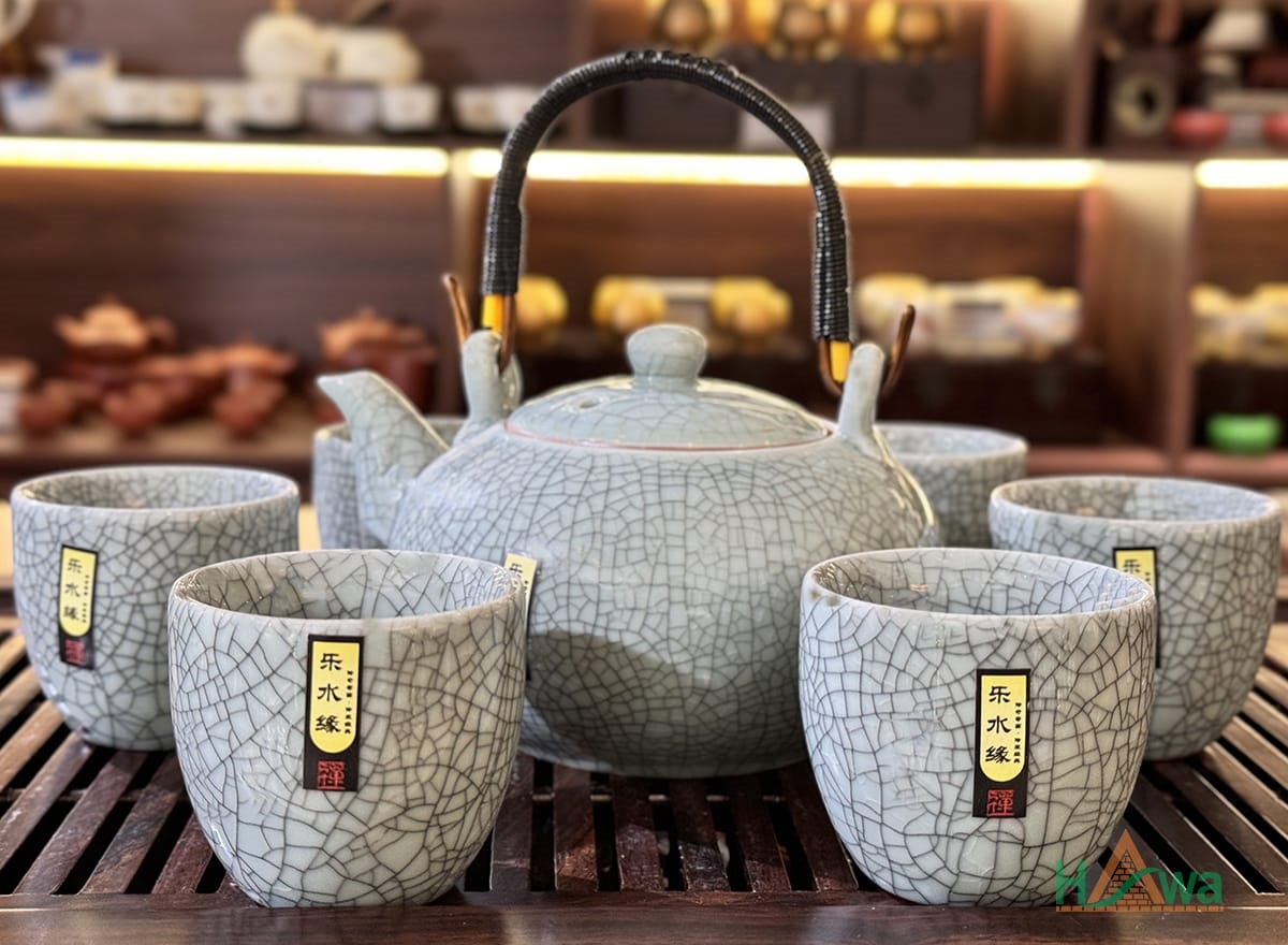bộ ấm trà đạo men rạn ghi xám