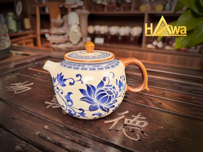 Bộ Ấm Chén Trà Đạo Nhữ Diêu Men Rạn - Vẽ Hoa Sen Cung Đình (BTDSMR-HSCD)